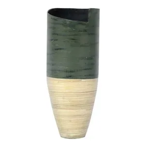 10.25" X 10.25" X 25" Distressed Green and Natural Bamboo Bamboo Spun Bamboo Vase