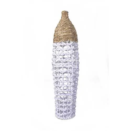 11" X 11" X 38" White And Natural Water Hyacinth Water Hyacinth Woven Floor Vase