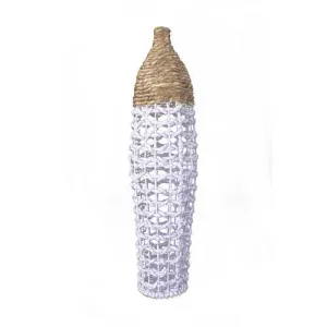 11" X 11" X 38" White And Natural Water Hyacinth Water Hyacinth Woven Floor Vase