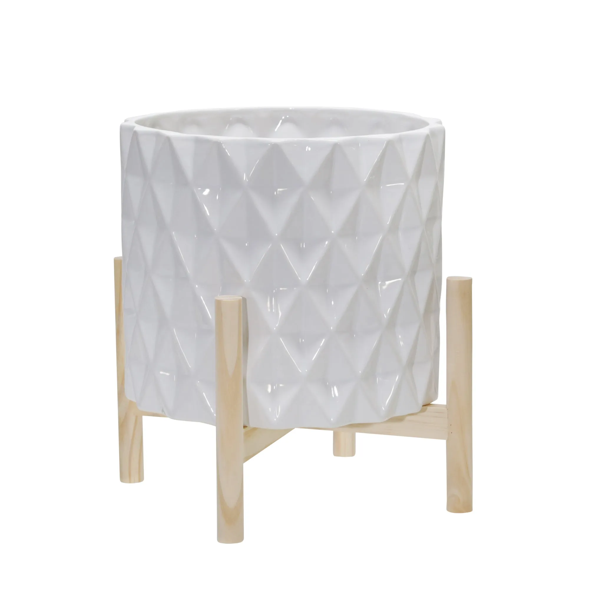 12" Ceramic Diamond Planter W/ Wood Stand, White