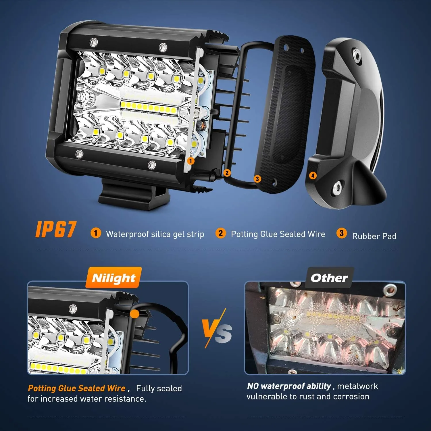 4 Inch 60W Triple Row Spot Flood LED Pods (Pair) W/ Pillar Hood Bracket Clamp Holder | 16AWG Wire 3Pin Switch