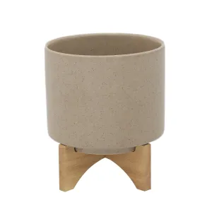 8"  Planter W/ Wood Stand, Beige