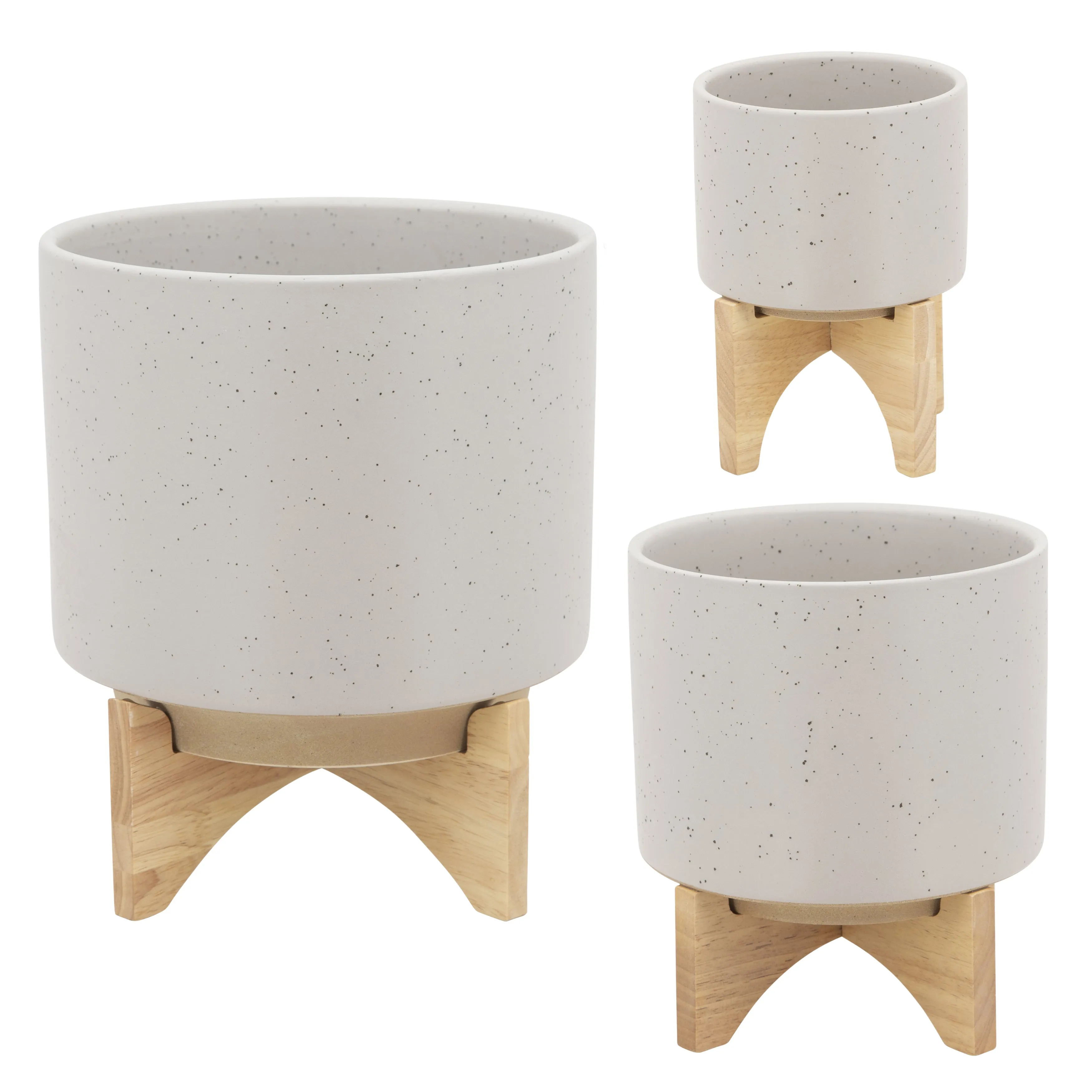 8"  Planter W/ Wood Stand, Matte Beige