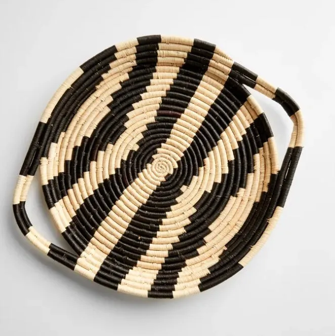 African Basket  Rwanda Woven Serving Tray Tan & Black V Shape