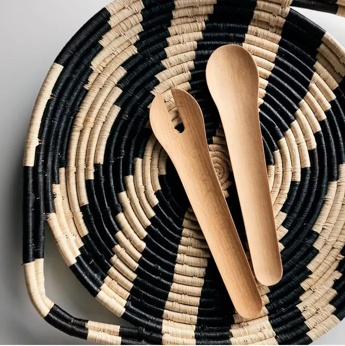 African Basket  Rwanda Woven Serving Tray Tan & Black V Shape