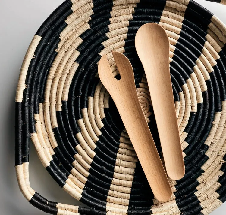 African Basket  Rwanda Woven Serving Tray Tan & Black V Shape