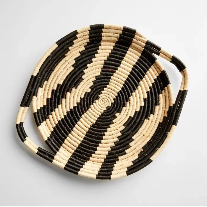 African Basket  Rwanda Woven Serving Tray Tan & Black V Shape