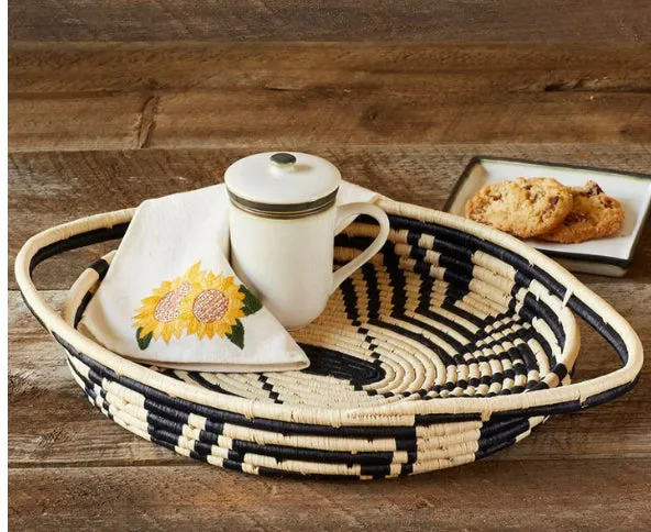 African Basket  Rwanda Woven Serving Tray Tan & Black Zig Zag