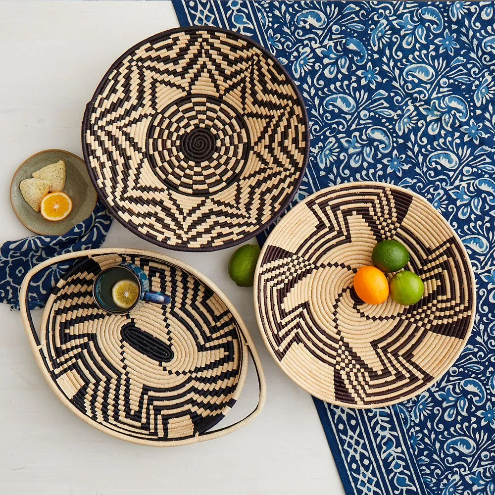 African Basket  Rwanda Woven Serving Tray Tan & Black Zig Zag
