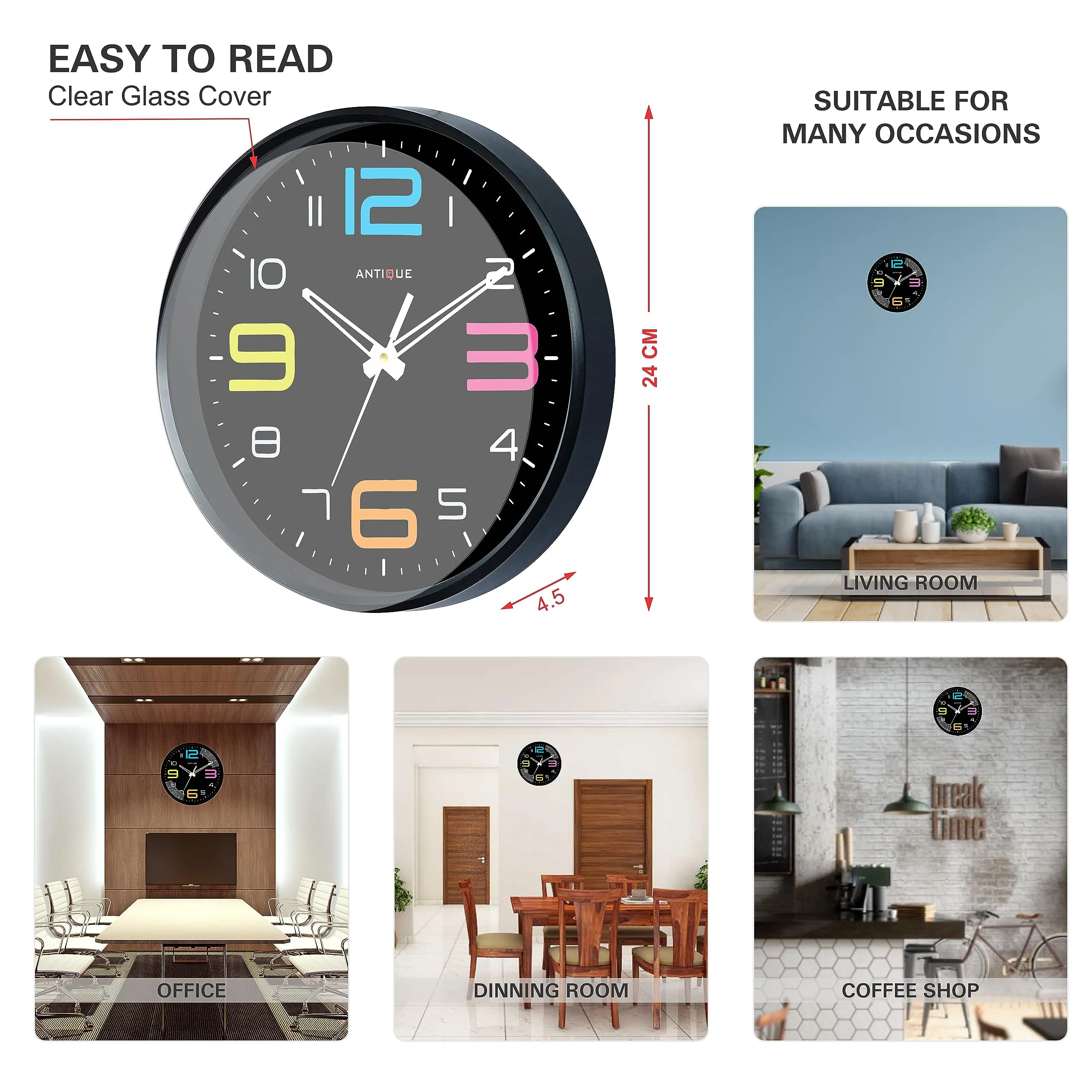 ANTIQUE 10 Inch Round Shape Analog Wall Clock With Plastic And Glass For Home/Kitchen/Living Room/Bedroom/Office, Black Multicolor (25.4 X 25.4 X 4 Cm), White