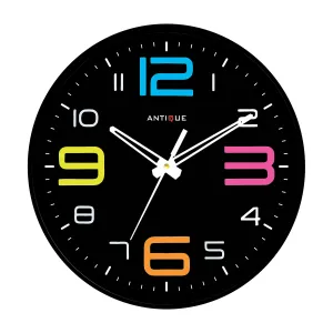 ANTIQUE 10 Inch Round Shape Analog Wall Clock With Plastic And Glass For Home/Kitchen/Living Room/Bedroom/Office, Black Multicolor (25.4 X 25.4 X 4 Cm), White