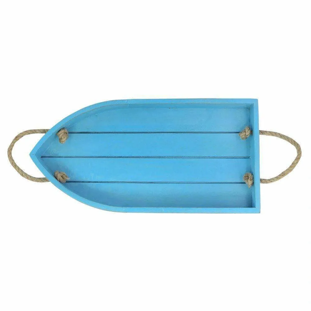 AQUA BLUE FINISH BOAT SHAPED WOODEN TRAY