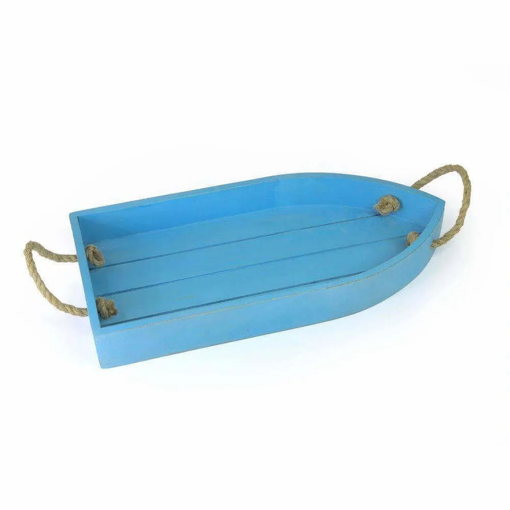 AQUA BLUE FINISH BOAT SHAPED WOODEN TRAY