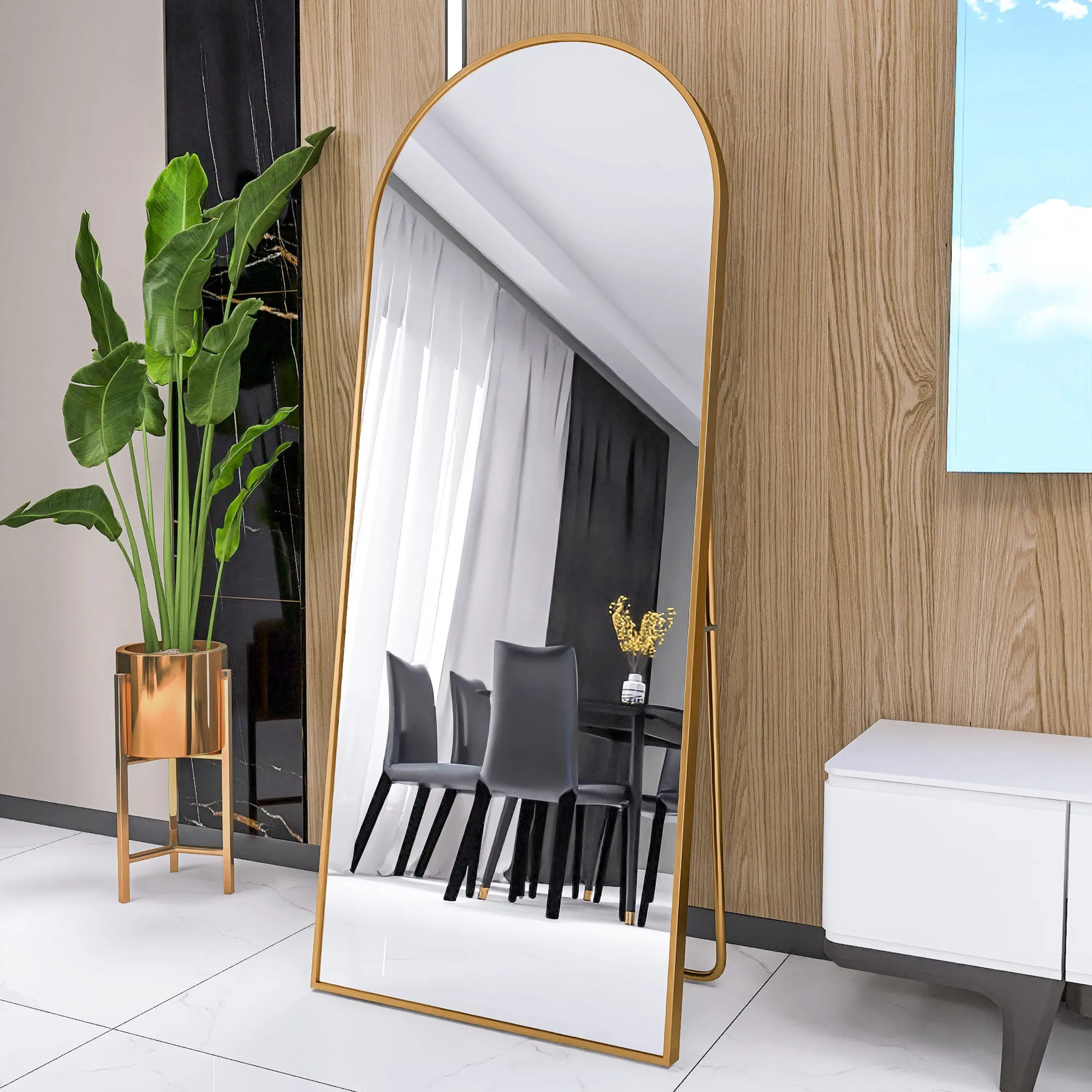 Arched Full Length Mirror Floor Mirror Hanging Standing or Leaning, Bedroom Mirror Wall-Mounted Mirror Dressing Mirror with Gold  Aluminum Alloy Frame, 65" x 23.6"