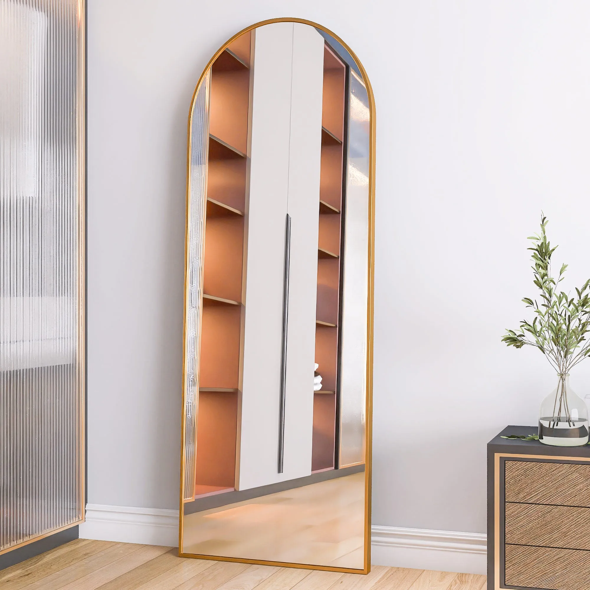 Arched Full Length Mirror Floor Mirror Hanging Standing or Leaning, Bedroom Mirror Wall-Mounted Mirror Dressing Mirror with Gold  Aluminum Alloy Frame, 65" x 23.6"