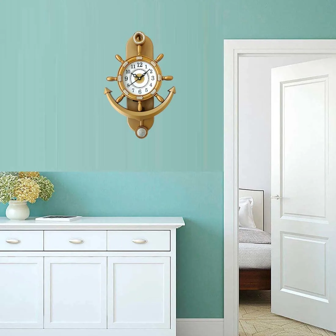 Art Decor HUB Analog 33 cm X 26 cm Wall Clock with Glass for Home Decor || Pendulum_Design-01 (Gold)