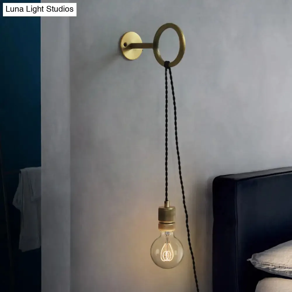 Bare Bulb Iron Gold Sconce Wall Lighting: 1-Head Colonial Wall Mounted Light Fixture with Ring Design