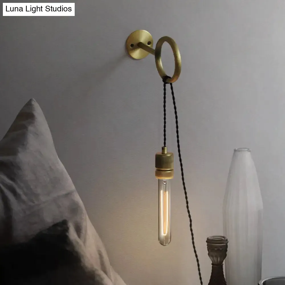 Bare Bulb Iron Gold Sconce Wall Lighting: 1-Head Colonial Wall Mounted Light Fixture with Ring Design