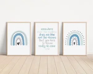 Boho Rainbow Set of 3 Nursery Art Prints, Blue Boy Colorful Nursery Wall Art, Nursery Decor, Play Room, Baby Room Ideas,Rainbow