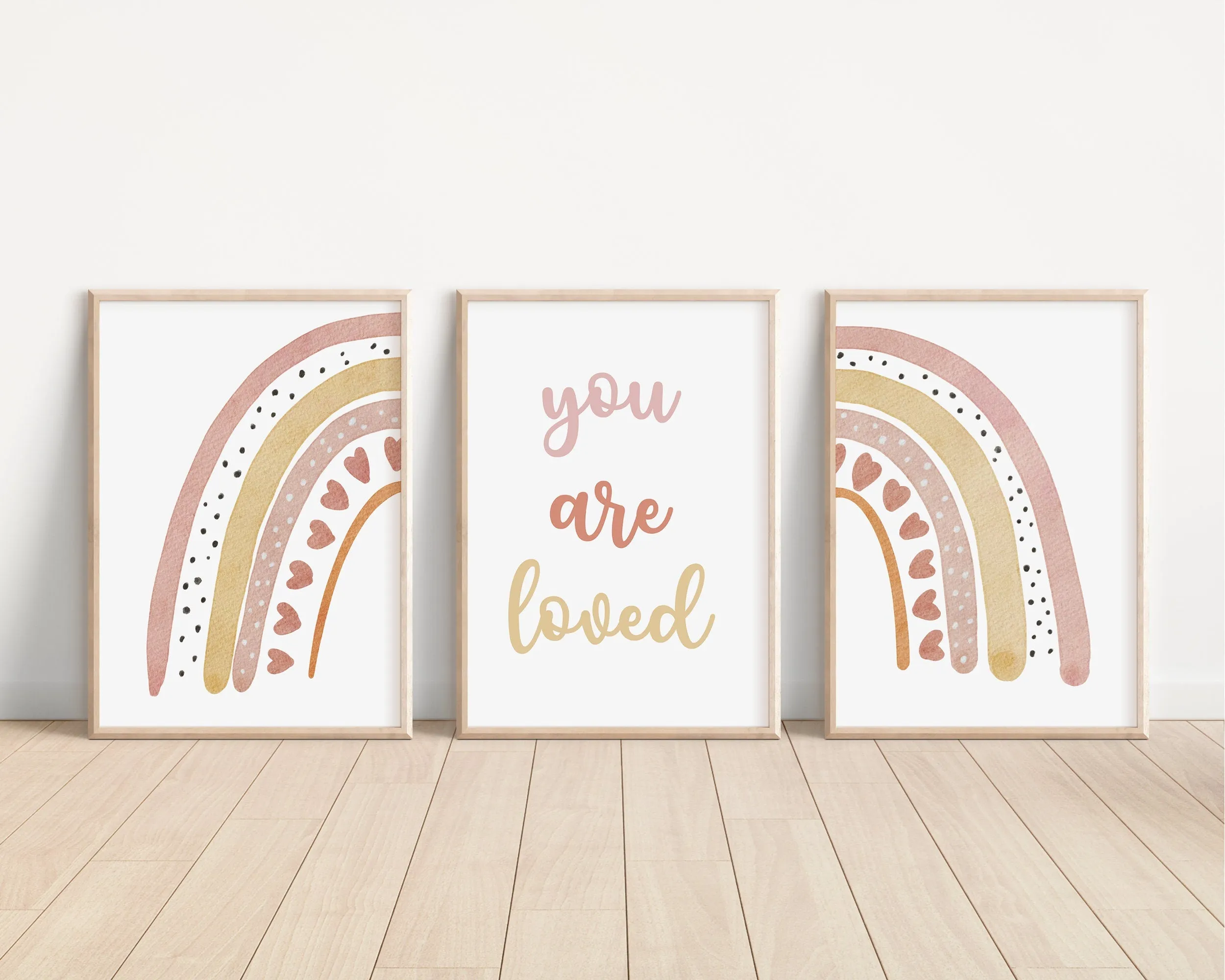 Boho Rainbow Set of 3 Nursery Art Prints, Rainbow Nursery Wall Art, You Are Loved, Neutral Nursery Decor, Play Room, Girl Baby, 014