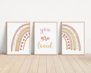 Boho Rainbow Set of 3 Nursery Art Prints, Rainbow Nursery Wall Art, You Are Loved, Neutral Nursery Decor, Play Room, Girl Baby, 014