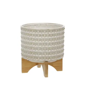 Ceramic 8" Dotted Planter W/Wood Stand, Ivory