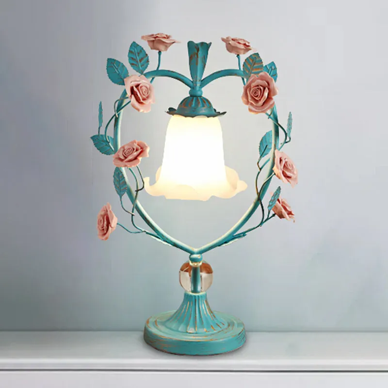 Classic White Glass Night Light with Heart Frame and Rose Design - Beige/Blue