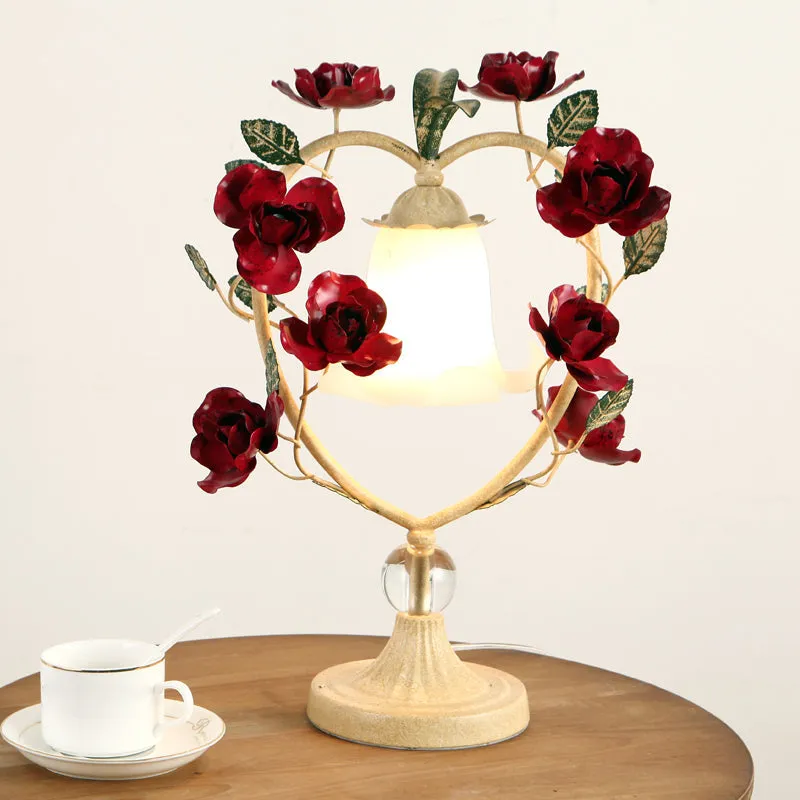 Classic White Glass Night Light with Heart Frame and Rose Design - Beige/Blue