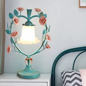Classic White Glass Night Light with Heart Frame and Rose Design - Beige/Blue