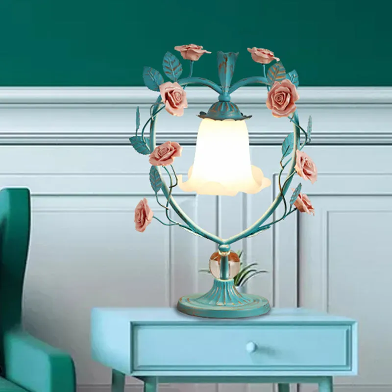Classic White Glass Night Light with Heart Frame and Rose Design - Beige/Blue