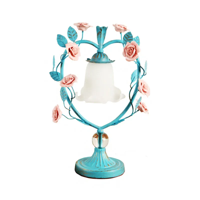 Classic White Glass Night Light with Heart Frame and Rose Design - Beige/Blue