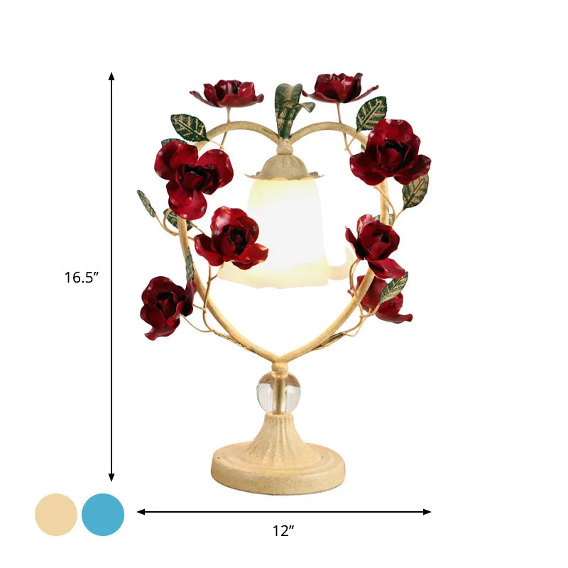 Classic White Glass Night Light with Heart Frame and Rose Design - Beige/Blue