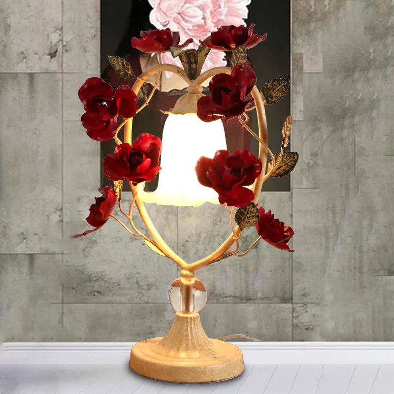 Classic White Glass Night Light with Heart Frame and Rose Design - Beige/Blue