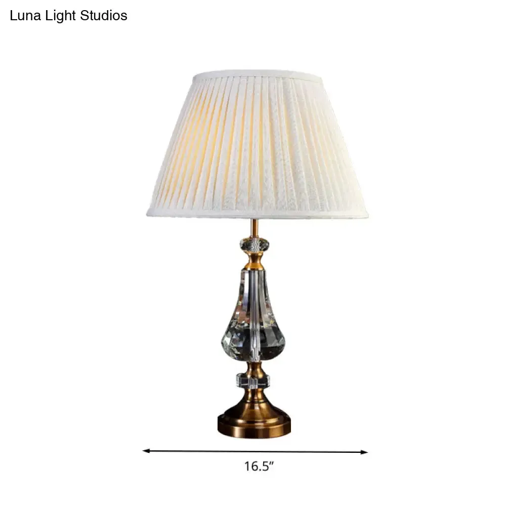 Conical Night Table Lamp - Cream Gray Fabric, Crystal Base, Sleek Design