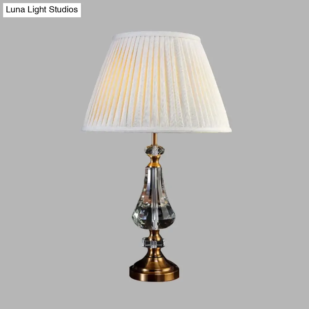 Conical Night Table Lamp - Cream Gray Fabric, Crystal Base, Sleek Design