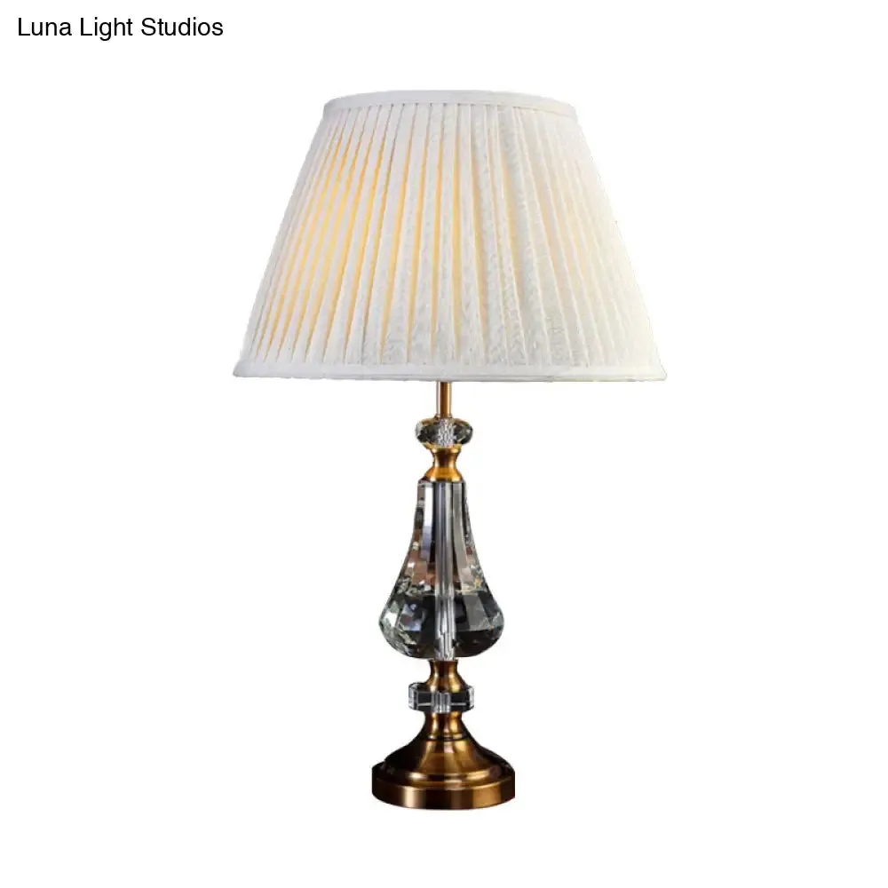 Conical Night Table Lamp - Cream Gray Fabric, Crystal Base, Sleek Design