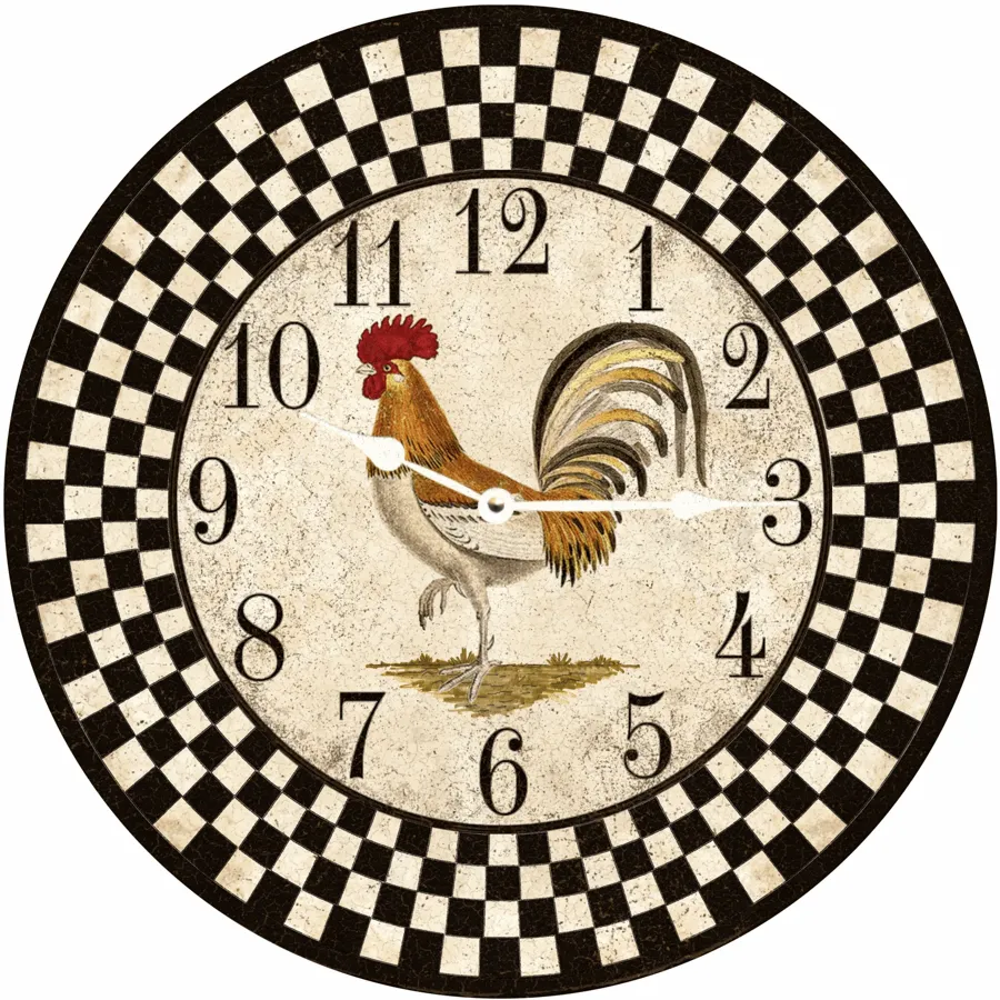 Country Kitchen Clock- Black Checkered Rooster Clock
