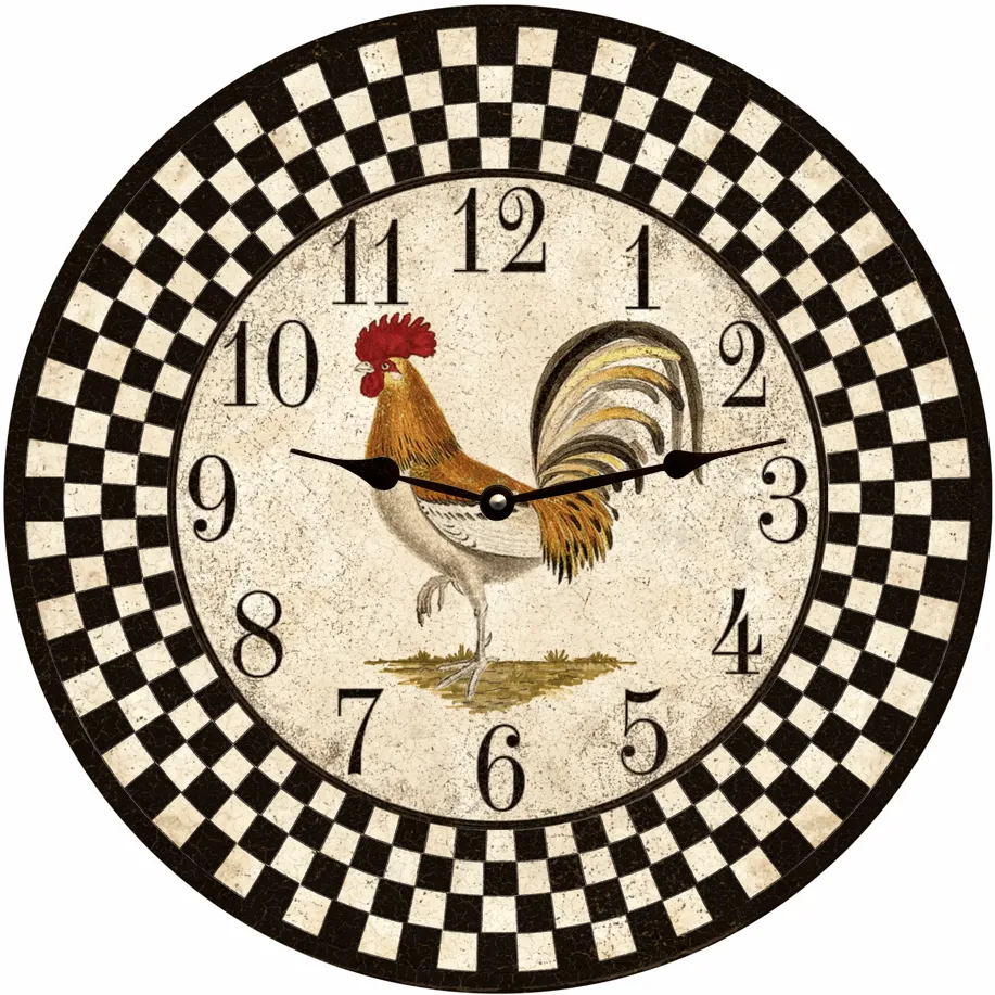 Country Kitchen Clock- Black Checkered Rooster Clock