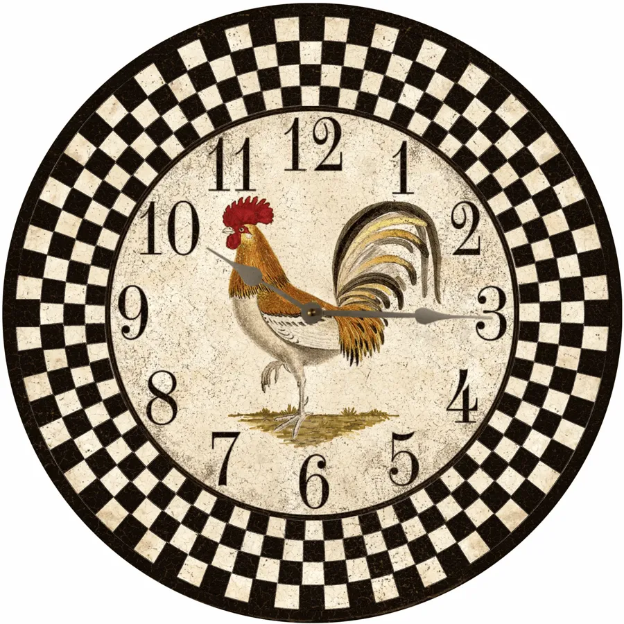 Country Kitchen Clock- Black Checkered Rooster Clock