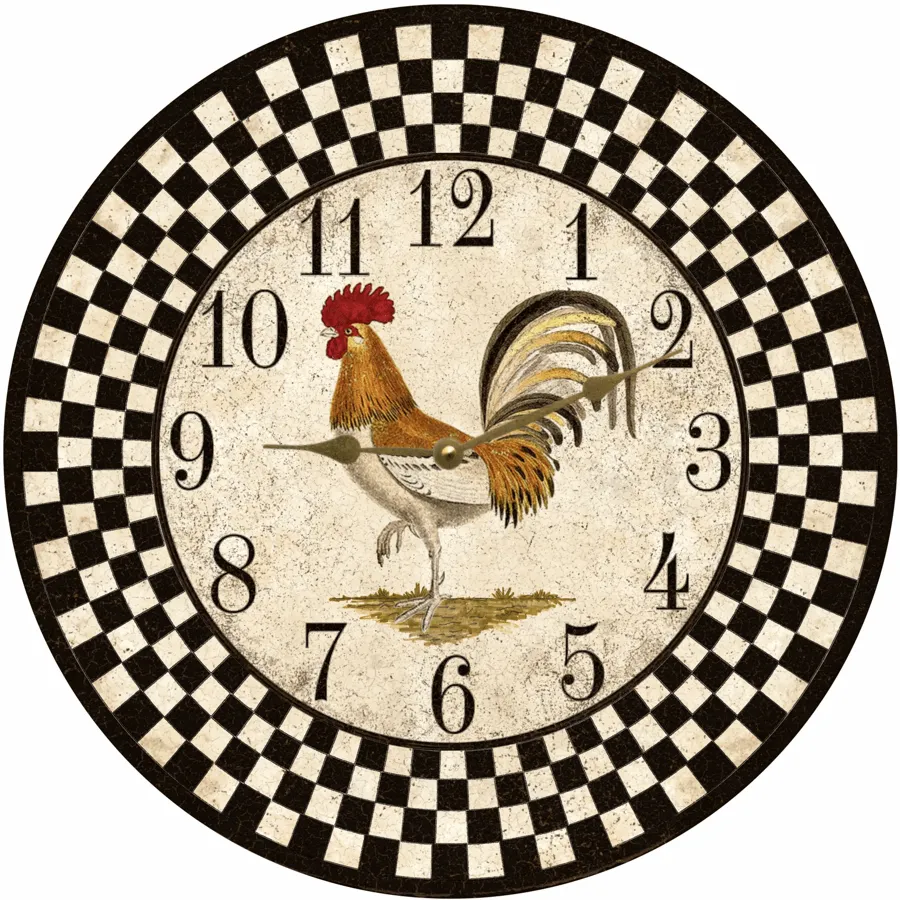 Country Kitchen Clock- Black Checkered Rooster Clock