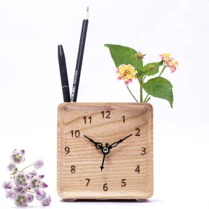 CRAFTICK Wooden Table Clock with pen Stand for Office table decor,Study table and home warming decor and new office opening ceremony Gifts!Side tabel clock for bedroom. (Square)