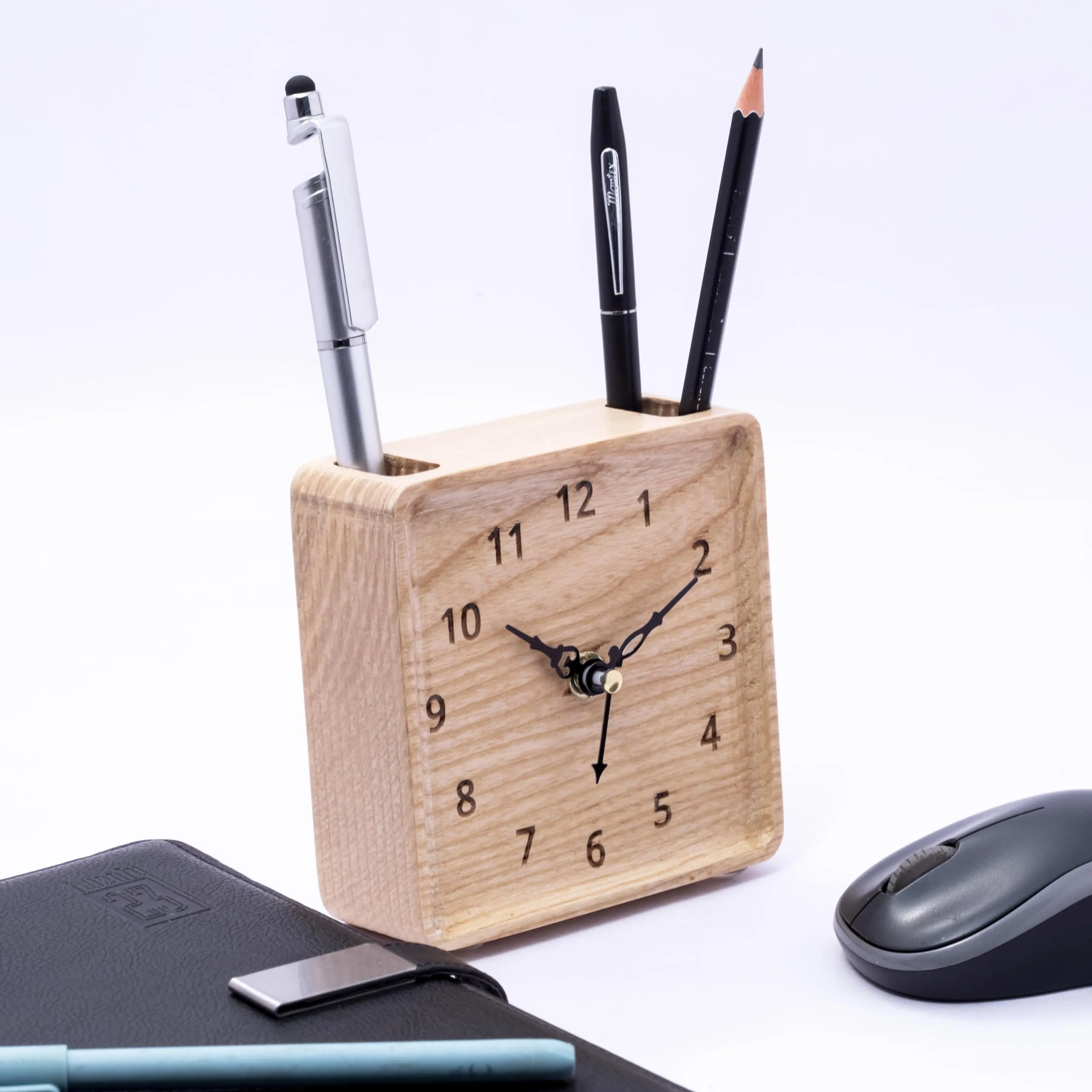 CRAFTICK Wooden Table Clock with pen Stand for Office table decor,Study table and home warming decor and new office opening ceremony Gifts!Side tabel clock for bedroom. (Square)