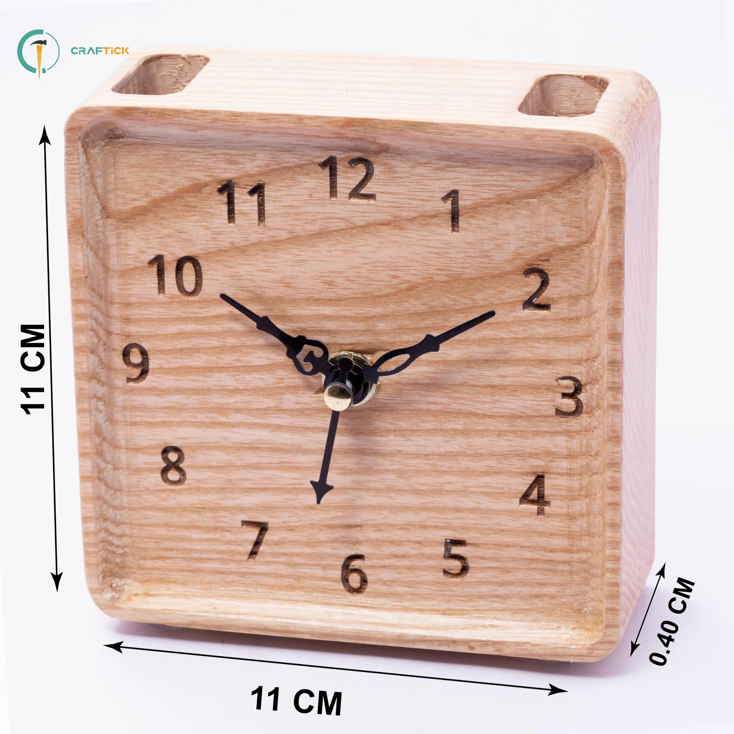 CRAFTICK Wooden Table Clock with pen Stand for Office table decor,Study table and home warming decor and new office opening ceremony Gifts!Side tabel clock for bedroom. (Square)