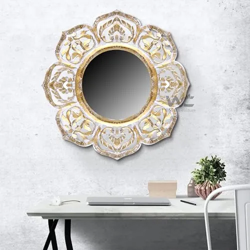 Decorative Wall Mirror Antique Gold and White Royal Mirror Frame Wall Hanging for Living Room, Bedroom, Bathroom, and Home Dcor