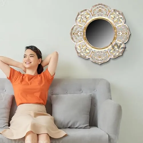 Decorative Wall Mirror Antique Gold and White Royal Mirror Frame Wall Hanging for Living Room, Bedroom, Bathroom, and Home Dcor