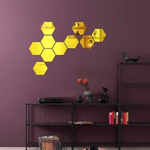 DecorWear 10 Hexagon Mirror Gold Plastic Wall Stickers for Wall Size (10.5x12.1) Cm Acrylic Mirror Wall Decor Sticker, Wall Mirror Stickers, Unframed Hexagonal Mirror Wall Sticker (K-10HexaGold)