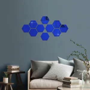DecorWear 10 Hexagon Mirror Wall Stickers Blue Mirror Stickers for Wall Stickers for Wall Size (10.5x12.1) Cm 3D Acrylic Mirror Wall Decor Sticker, Wall Mirror Stickers, Hexagonal Stickers Unframed