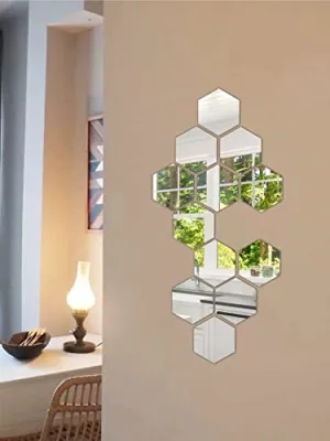 DecorWear 12 Hexagon Mirror Silver Plastic Wall Stickers for Wall Size (10.5x12.1) Cm Acrylic Mirror Wall Decor Sticker, Wall Mirror Stickers, 3D Hexagonal Mirror Wall Sticker (L-12HexaSilver)