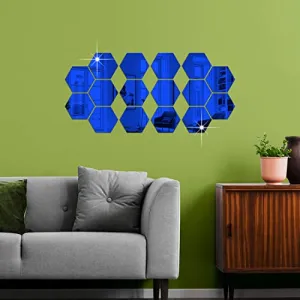 DecorWear 16 Hexagon Mirror Wall Stickers Blue Mirror Stickers For Wall Stickers for Wall Size (10.5x12.1)Cm Acrylic Mirror Wall Decor Sticker, 3D Wall Mirror Stickers, Unframed Hexagonal Wall Sticker