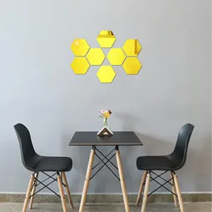 DecorWear 8 Hexagon Mirror Gold Plastic Wall Stickers for Wall Size (10.5x12.1) Cm Acrylic Mirror Wall Decor Sticker, Wall Mirror Stickers, Unframed Hexagonal Mirror Wall Sticker (E-8HexaGold)